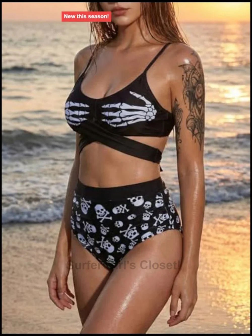 High Waisted Gothic Skull Print Bikini Set with Tummy Control